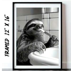 FRAMED Large Sloth Brushing Teeth 12"x16" Canvas Pop Art Deco NWT